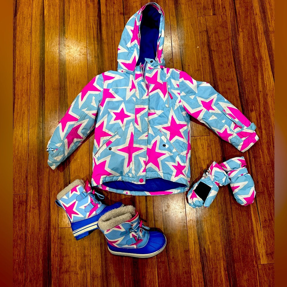 Mini Boden Star Jacket, Snow Gloves and Boots